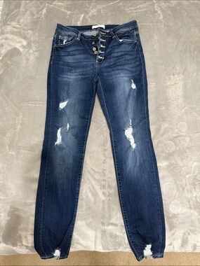 KanCan Dark Blue Distressed Button Fly Slim Boyfriend Jeans item 72509